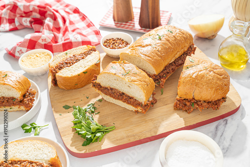 Sloppy joe sandwich on loaf of bread