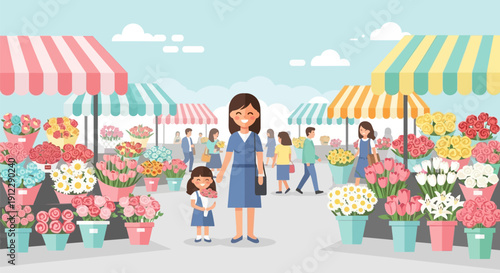 Mother and daughter shopping at a vibrant flower market with colorful tents.