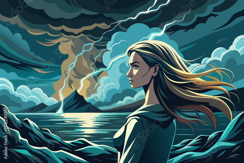 Woman standing in storm contemplating ocean under dark stormy sky strong wind blowing hair lightning flash dramatic conceptual scene symbolizing resilience strength emotion