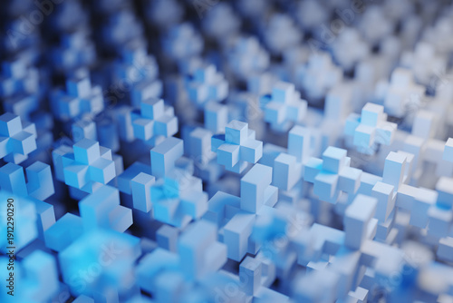 Abstract background of pixel cubes in blue neon light. 3D rendering illustration.