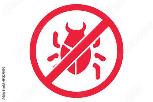 Bug prohibition sign with diagonal line and insect symbol inside circle representing no viruses or malware