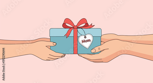 Hands exchanging a blue gift box with a red ribbon and heart-shaped tag.