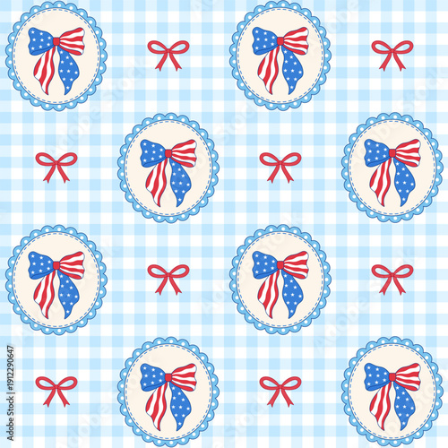 Patriotic seamless pattern with USA flag bows in lace frames on blue gingham. 4th of July aesthetic surface design.