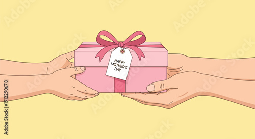 Hands exchanging a pink gift box with a ribbon and tag.