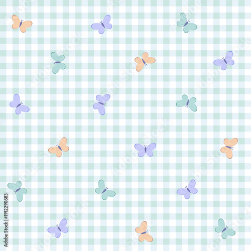 Seamless pattern with cute pastel butterflies on a mint gingham background. Ditsy aesthetic for nursery decor.