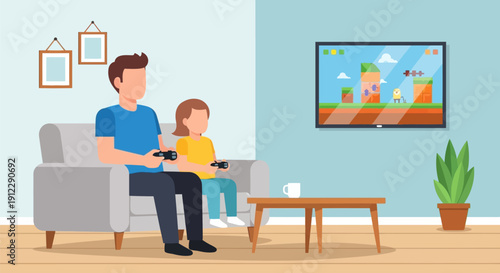 Father and son playing video games together on the couch at home.