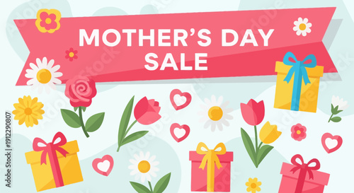 Colorful Mother's Day Sale Banner with Flowers and Gifts.