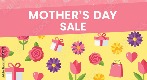 Colorful Mother's Day Sale Banner with Flowers and Gifts.