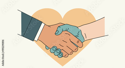 Handshake between two people in front of a heart symbolizing partnership and agreement.