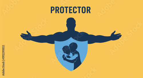 Silhouette of a man protecting a family with his arms outstretched.