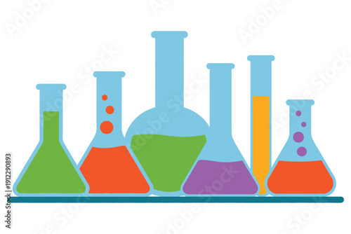 Assorted laboratory glass beakers and flasks display colorful chemical.