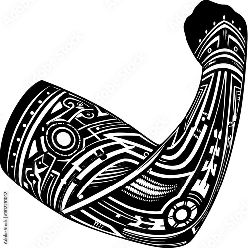 Tribal tattoo design on a muscular arm showing intricate patterns and shapes in black ink Generative AI