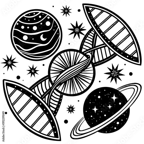 Cosmic design featuring planets, stars, and DNA strands in black and white on a simple background Generative AI
