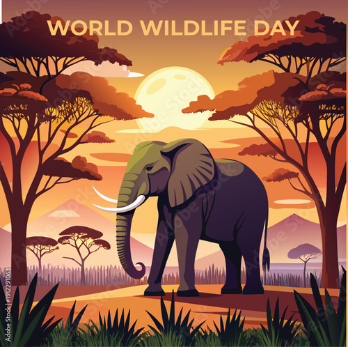 Iconic african elephant portrait for world wildlife day celebration in savanna setting with high mountains and bright moon in sunset orange sky