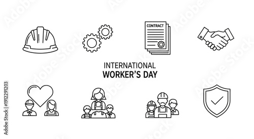 Line art icons for International Worker's Day, depicting safety, teamwork, contracts, and labor rights.