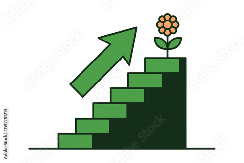 Green arrow points upward toward a flower on a rising staircase structure.