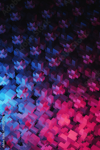 Abstract background of pixel cubes in neon light of purple and blue. 3D rendering illustration.