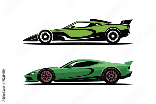 Two distinct green racing car profiles are displayed side-by-side on white.