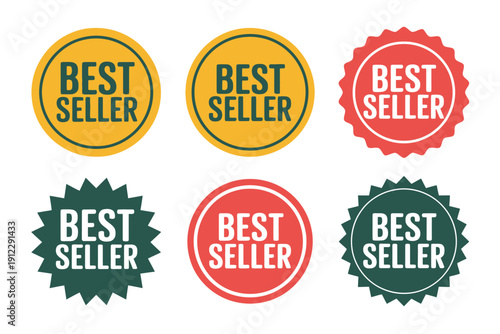 Assorted colorful circular and starburst badges declare items as best sellers.