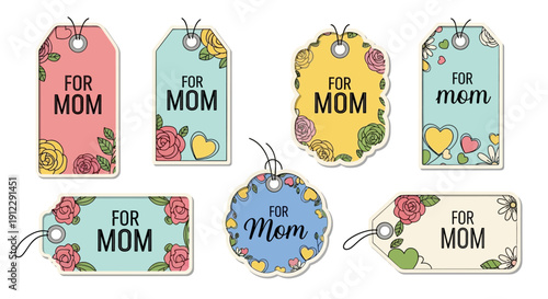 Colorful gift tags with floral designs for Mother's Day.
