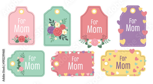 Colorful gift tags with floral designs for Mother's Day.