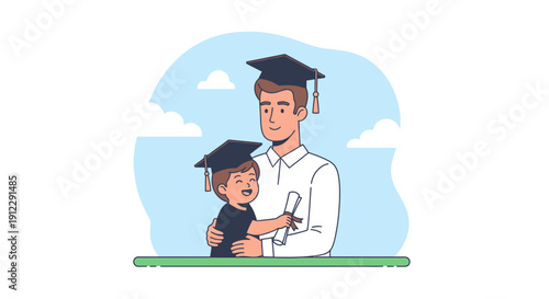 Father and son celebrating graduation together with proud smiles.