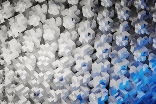 Abstract background of pixel cubes in blue neon light. 3D rendering illustration.