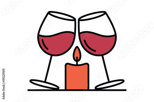 Two wine glasses clinking over a burning candle suggest an intimate evening.