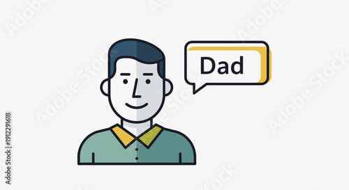 Simple cartoon illustration of a smiling father with a speech bubble.