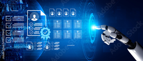 Fotografie A futuristic robotic hand engages with glowing digital documents and checklists, showcasing advanced technology and innovation in a high-tech setting