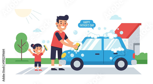 Father and son washing car together on a sunny day.