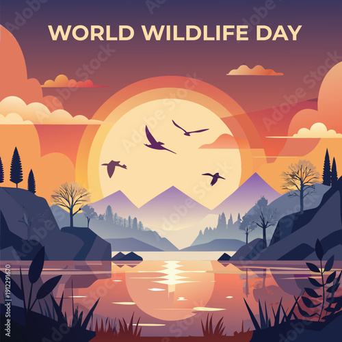 Beautiful world wildlife day background with purple sunset over mountain range and calm lake with bird silhouettes and winter trees in forest