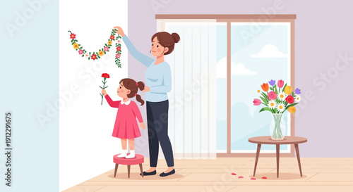 Mother and daughter decorating the house together with flowers and garlands.