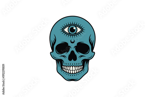 Mystical blue skull featuring a third eye and crescent moon design is symbolic.