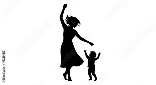 Silhouette of a woman and child playing.
