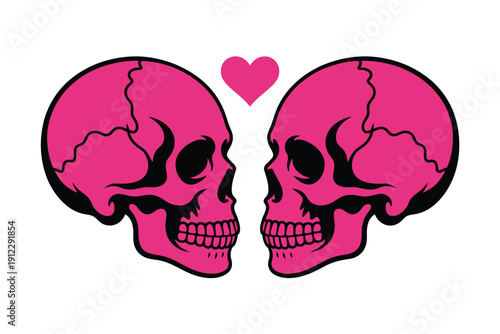 Two vibrant pink human skulls face each other with a small heart above them.