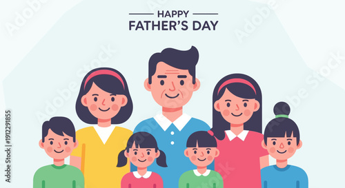 Happy Father's Day celebration with cartoon family illustration.