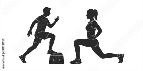 Man and woman step and lunge exercise silhouettes