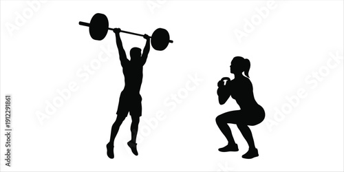 Weightlifting and squat exercise silhouettes