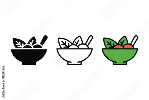 Three different style icons depict a healthy bowl of salad ready for eating.