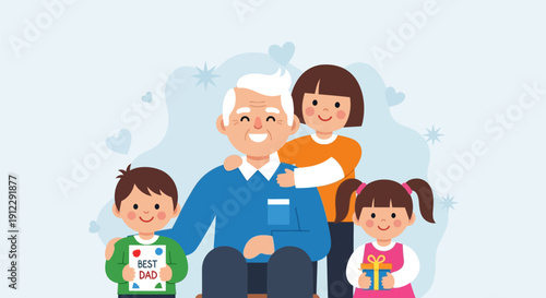 Happy grandfather surrounded by smiling grandchildren in a joyful family moment.
