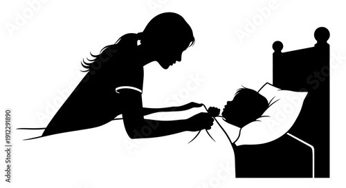 Woman checking on a sleeping child.