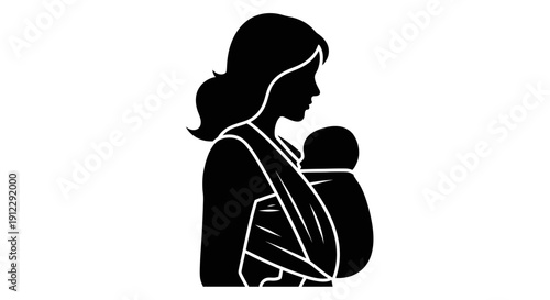 Mother holding baby in a carrier.