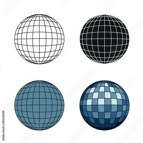 Global Globe Icon Set – Wireframe, Solid and Mosaic World Sphere Vector Collection