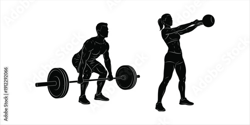 Deadlift and kettlebell swing workout silhouettes