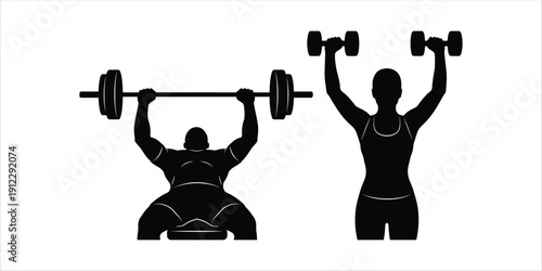 Seated barbell press and dumbbell raise silhouettes