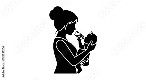 Mother feeding baby with bottle.