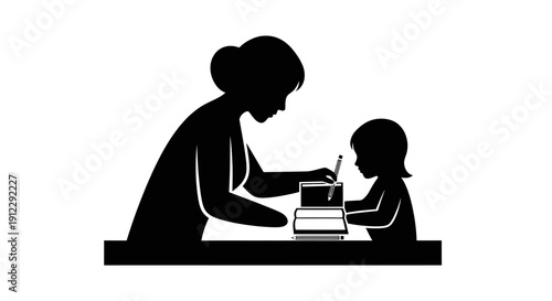 Mother helping child with homework.