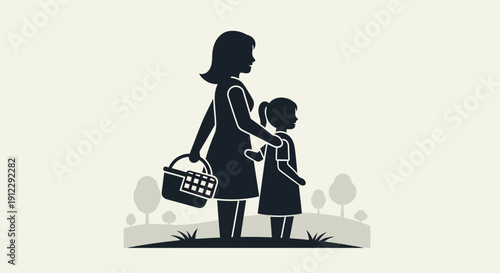 Mother and child outdoors in silhouette.