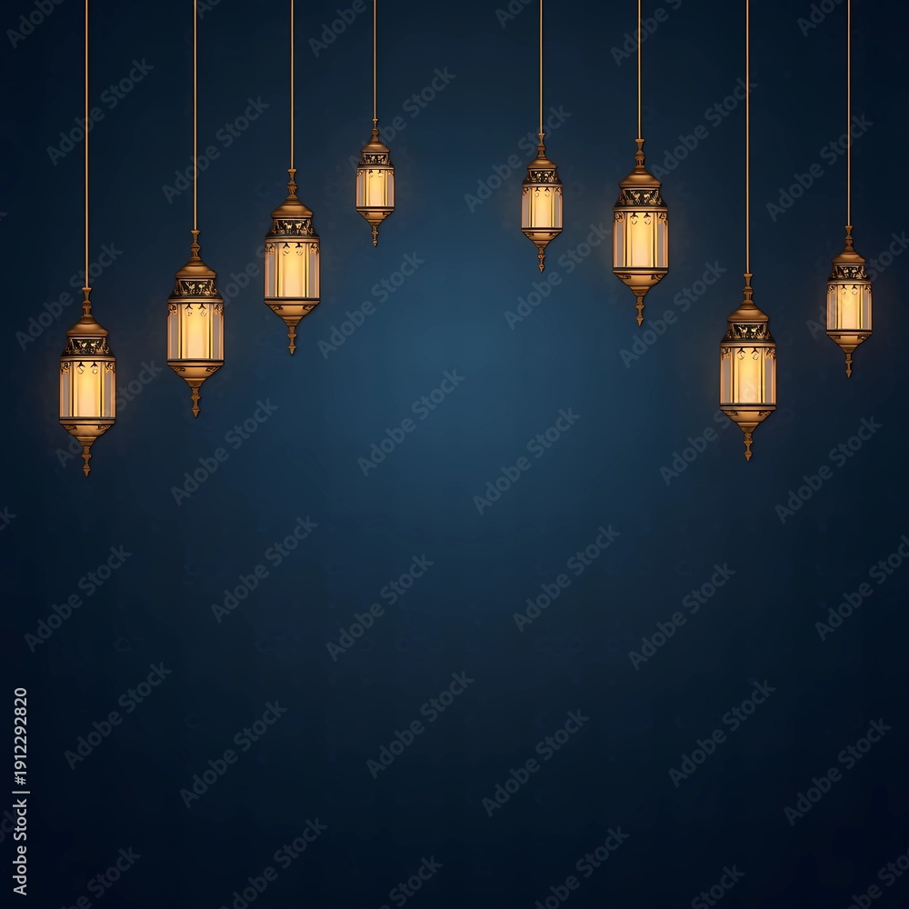 Obraz premium Illuminated Arabic lantern. Islamic greeting Eid Mubarak Simple Luxurious Islamic Blank Horizontal Background Design with Ornate Gold Lanterns And Decorations On Deep Blue Gradient Theme